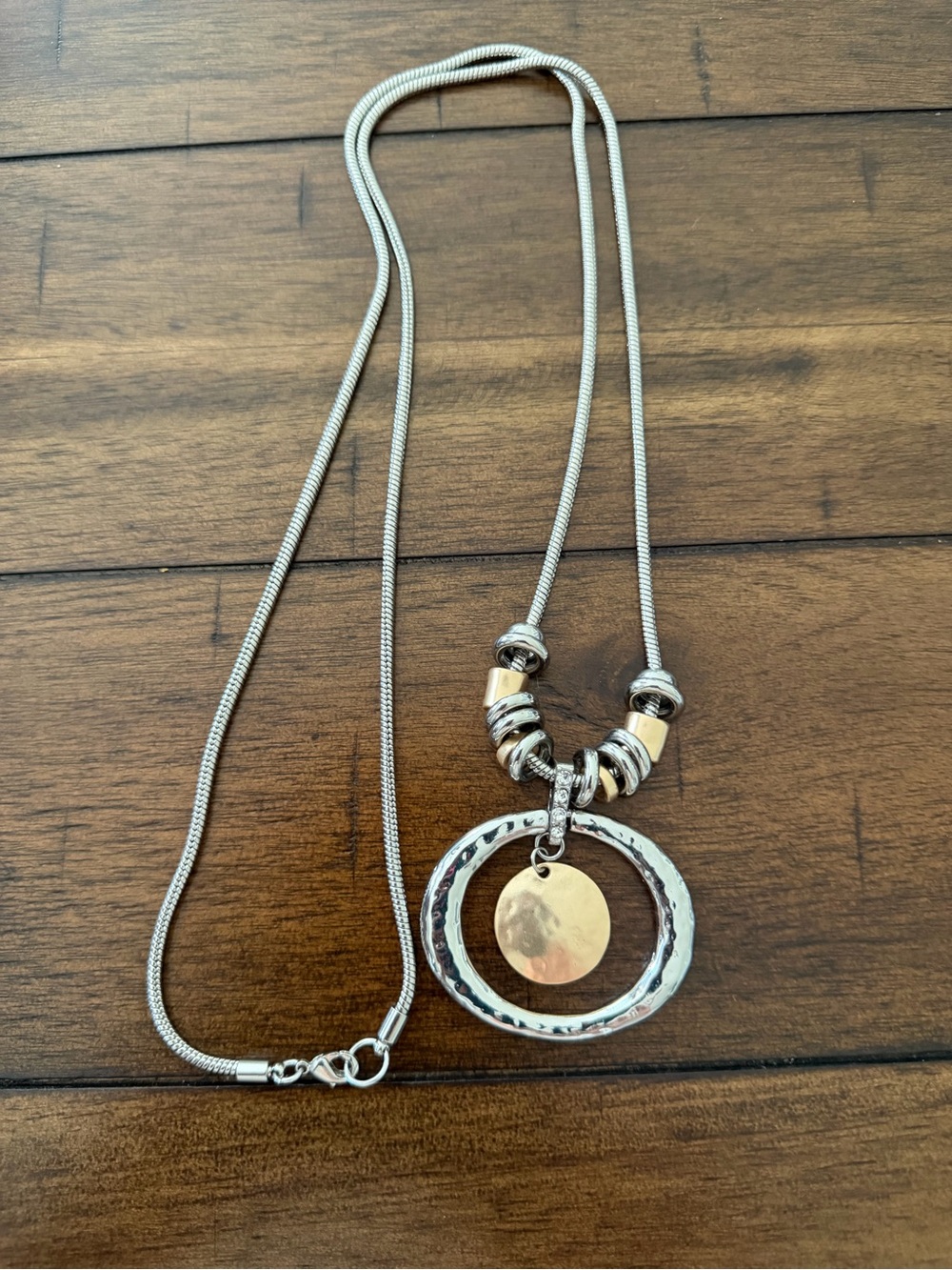 Women’s Necklace Silver Tone With Hammered Circle Beads 17” L Plus Pendant 19”